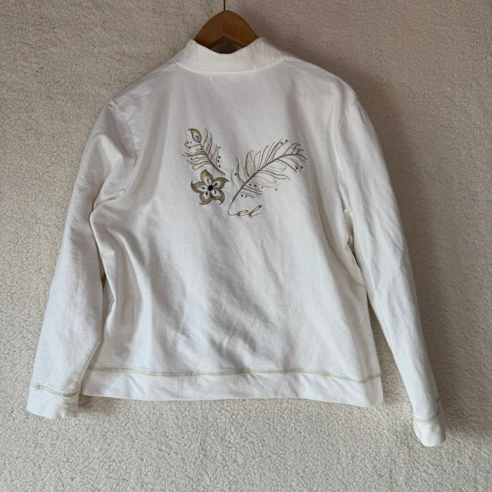 Erin London Womens Zip‎ Up Top Embroidered Satin Embellishments Cotton Casual